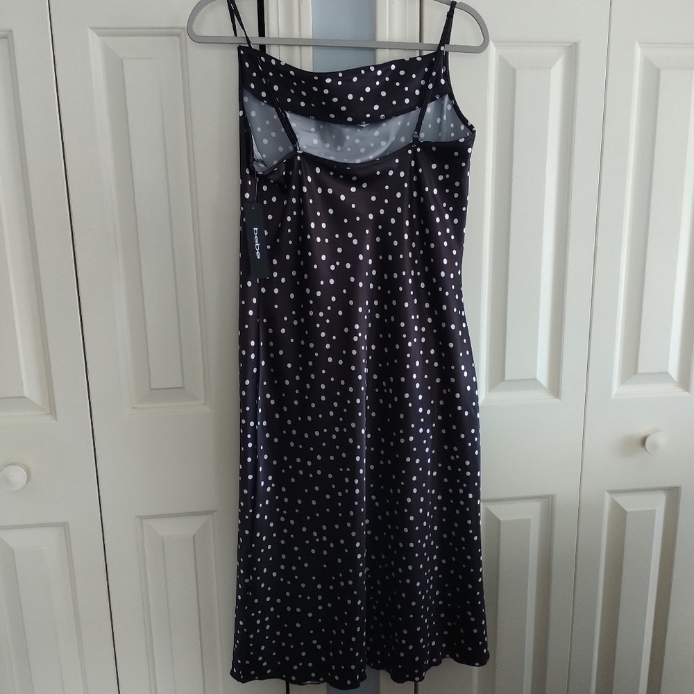 Bebe Satin Midi Silhouette Black & White Polka Dot Dress M - Picture 6 of 11